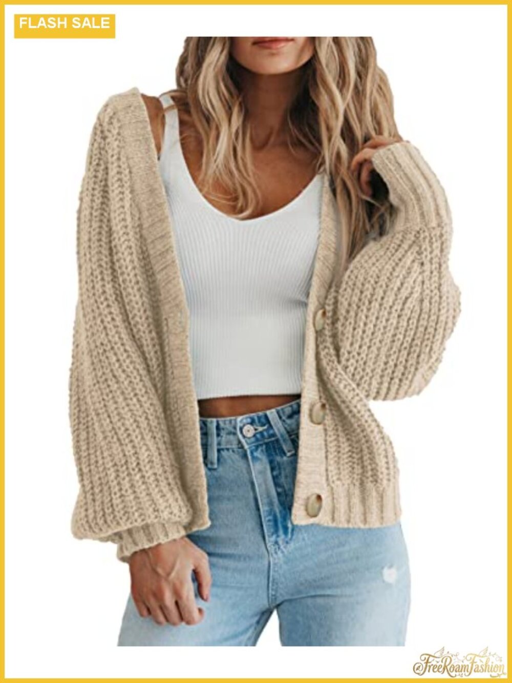 Chunky Knit Open Front Cardigan Sweater with Button Down V Neck